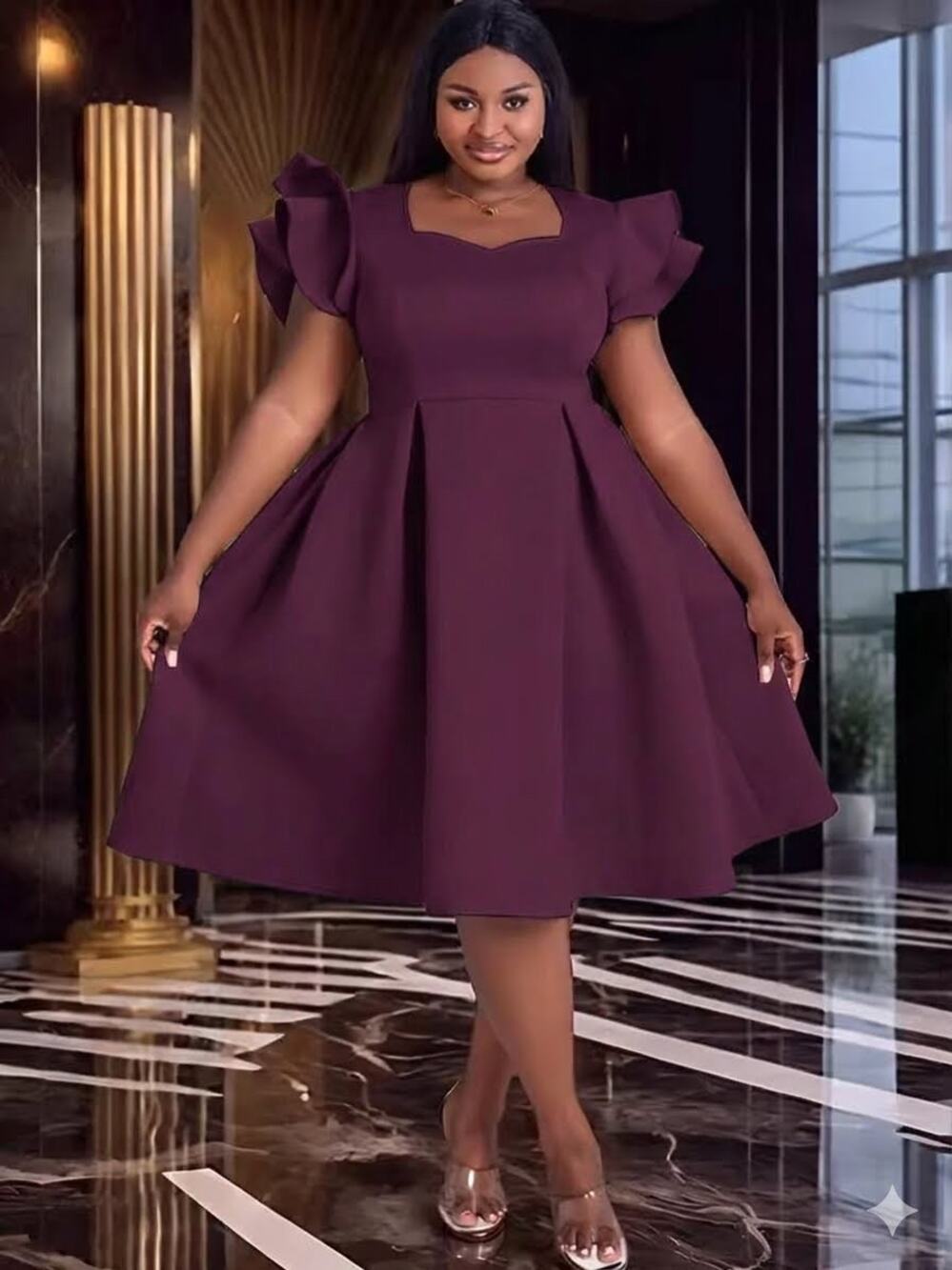 Aomei XL Women Ruffle Sleeve Pleated Midi Dress Square Neck Purple Wine NWT